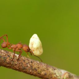 Brown ant walking on a twig carrying a piece of food.