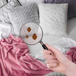 Hand holding a magnifying glass over a bed revealing cartoon bed bugs.